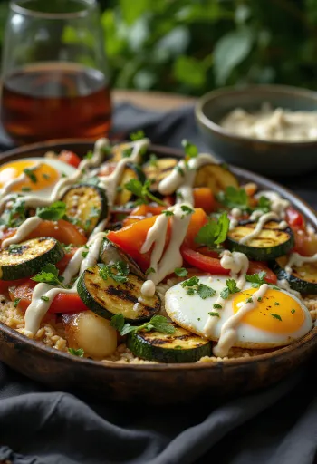 Grillede grøntsager med tahindressing, pyntet med persille