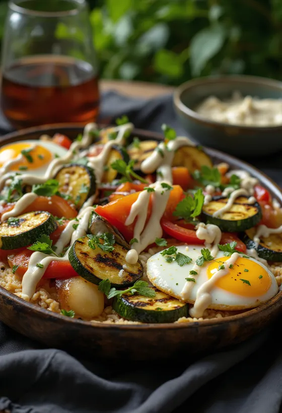 Grillede grøntsager med tahindressing, pyntet med persille