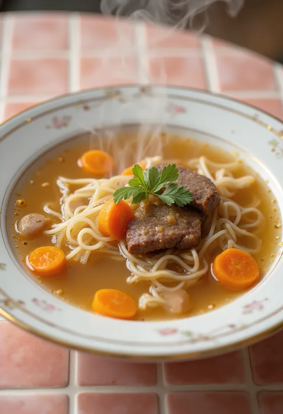 Kødsuppe serveret med friske grøntsager og nudler