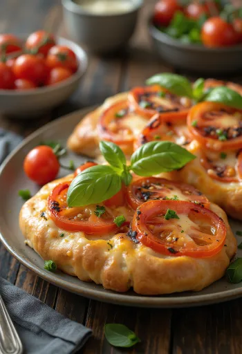 Khachapuri med tomat, friske, gyldenbrune ostebrød med tomatskiver