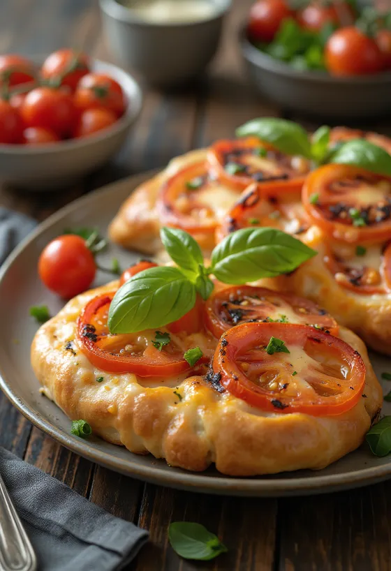 Khachapuri med tomat, friske, gyldenbrune ostebrød med tomatskiver