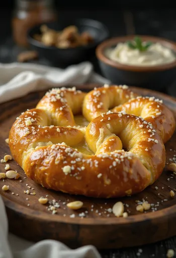 Frisk, hjemmelavet hvidløgs pretzel, sprød og gyldenbrun, drysset med groft salt