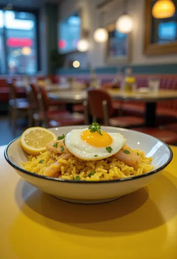 Smoked haddock kedgeree serveret i en skål med æg og persille.