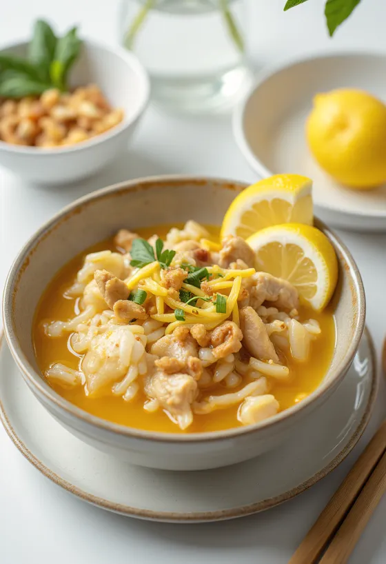 Arroz Caldo med ristede ris, rig på ris og kyllingestykker, frisk koriander