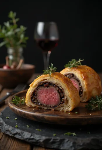 Beef Wellington serveret