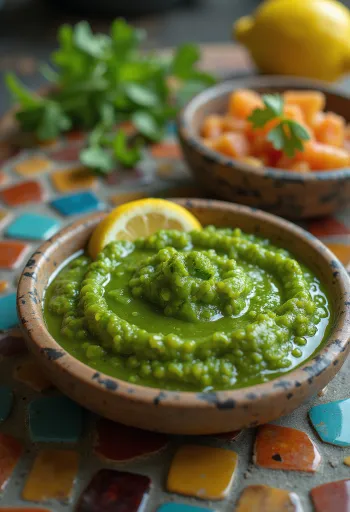 Korianderchutney serveret, frisk grøn sauce