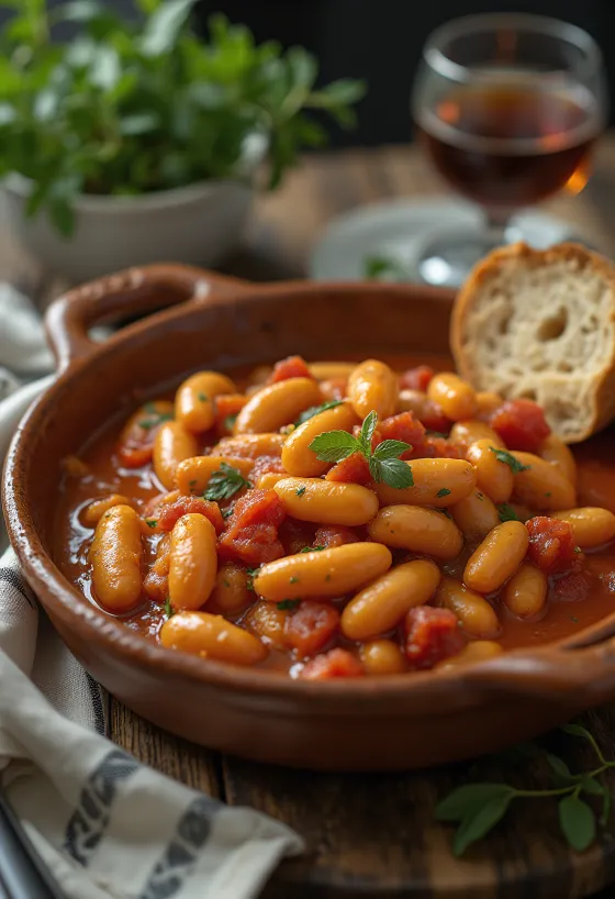 Gigantes plaki med tomatsauce, serveret med persille og frisk brød