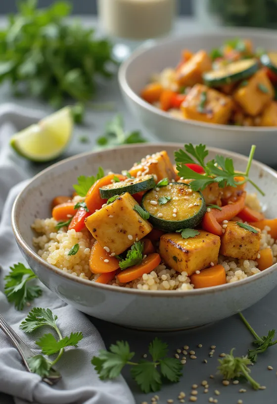 Grillet tofu wok med karry-quinoa bund
