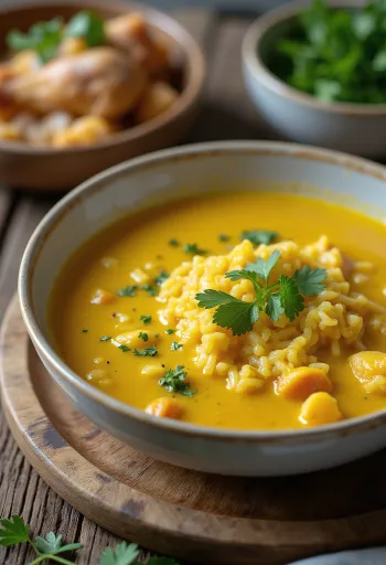 Mulligatawny suppe med kylling serveret