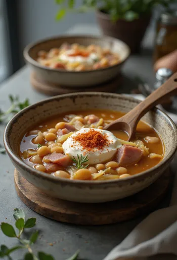 Bønnesuppe med surkål, røget kød og friske krydderurter