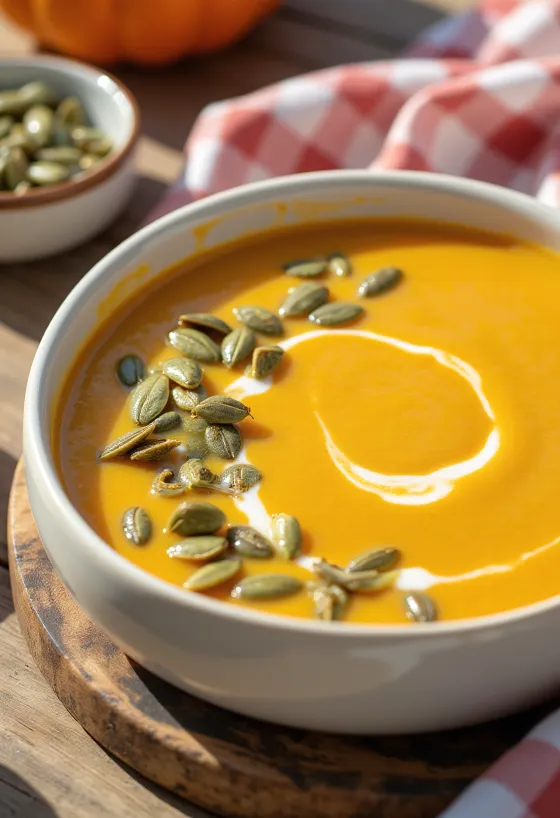 Græskarsuppe med ristede kerner serveret