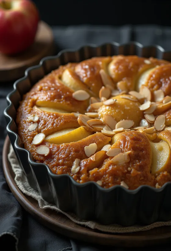 Æblekage med mandler, skiveskårne æbler og mandelmellag