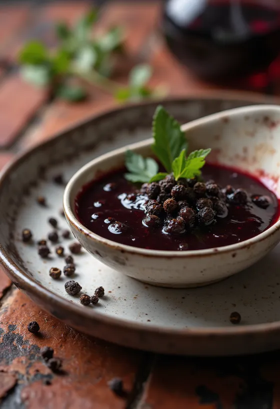 Rødvinssauce med sort peber serveret