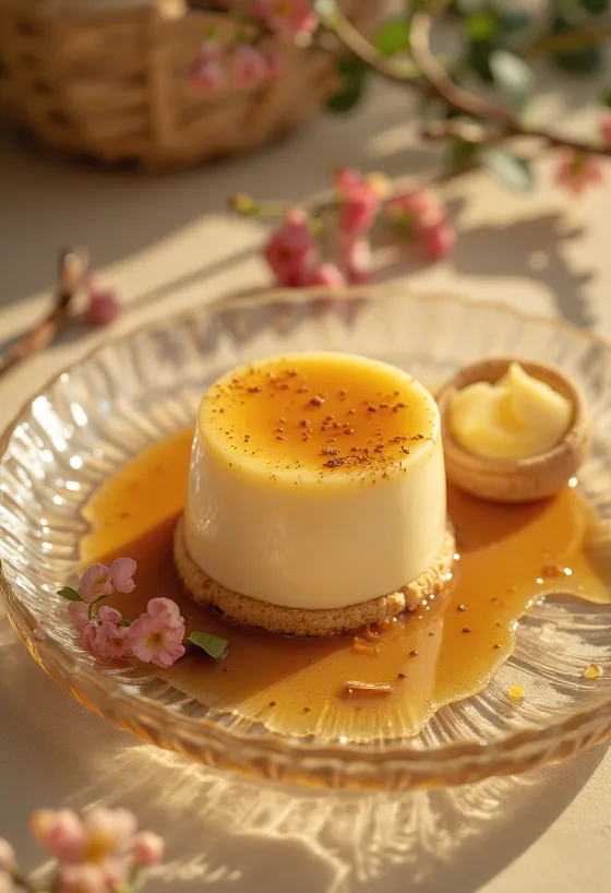 Karamel panna cotta-kage serveret i skiver