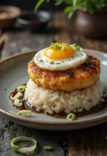 Loco moco med fiskefrikadeller, serveret med spejlæg, koriander og salat