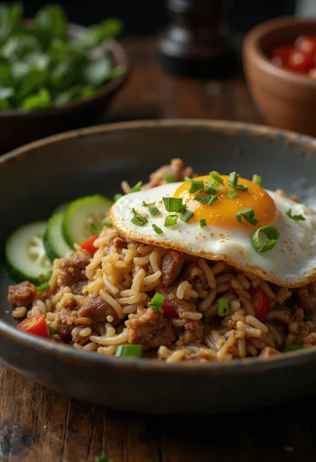 Nasi Goreng med oksekød og spejlæg serveret
