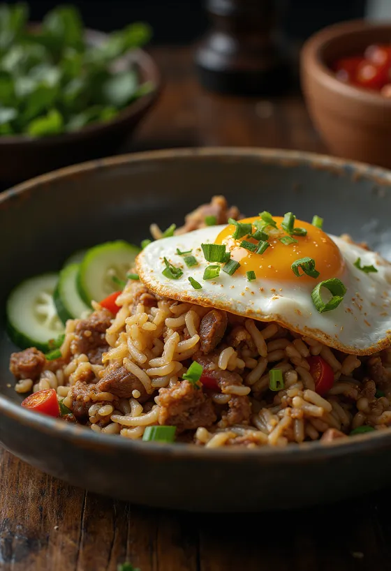 Nasi Goreng med oksekød og spejlæg serveret