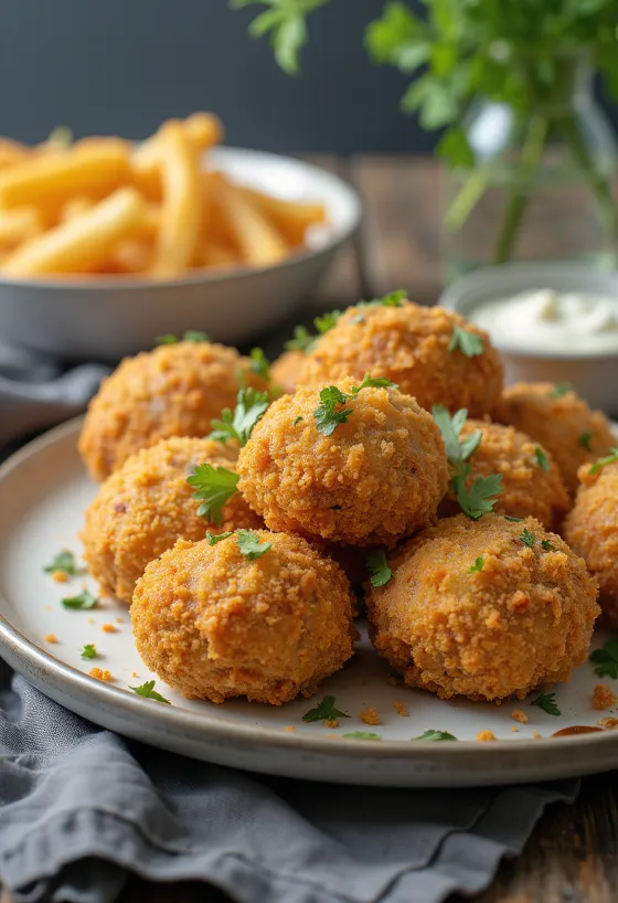 Gyldenbrunestegte panerede svampehatte i sprød panering, serveret med frisk salat og tartarsauce.