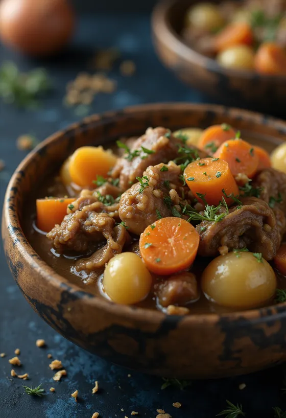 Squirrel stew serveret i en rustik skål med frisk brød.