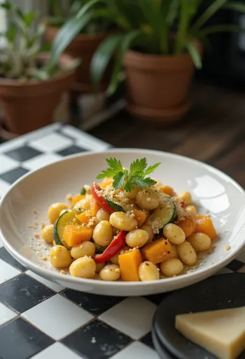 Græskargnocchi med grøntsager serveret