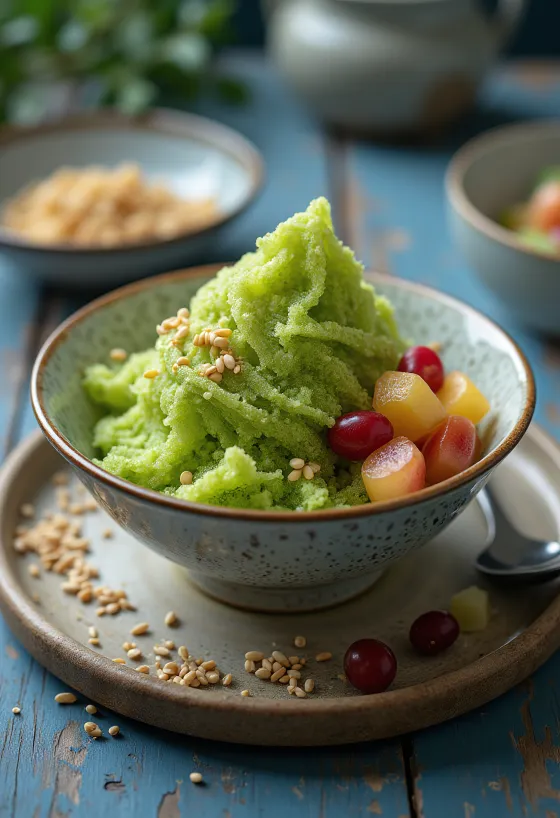 Grøn Tea Bingsu, koreansk isdessert med matchapulver, friske frugter og ristet sesam