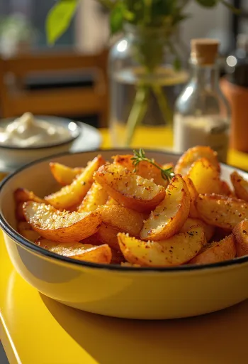 Sprøde krydrede kartofler stegt gyldenbrune, drysset med friske krydderurter