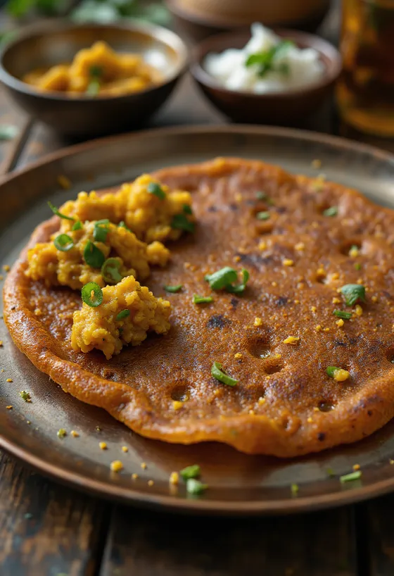 Ragi dosa frisk, stegt sprød, serveret med krydret fyld og revet kokos