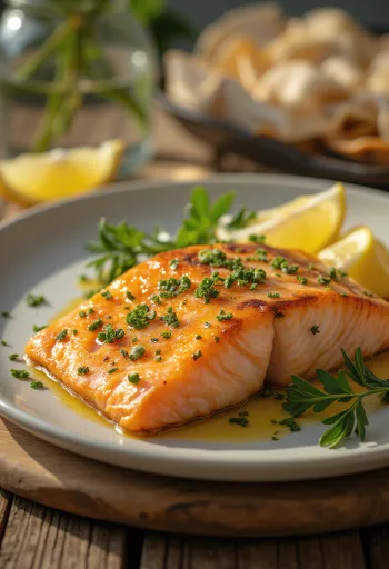 Bagt laksefilet, med sprødt skind og pyntet med citronskiver