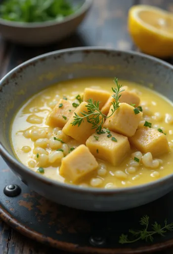 Vegansk Avgolemono suppe med friske grøntsager og tofuterne