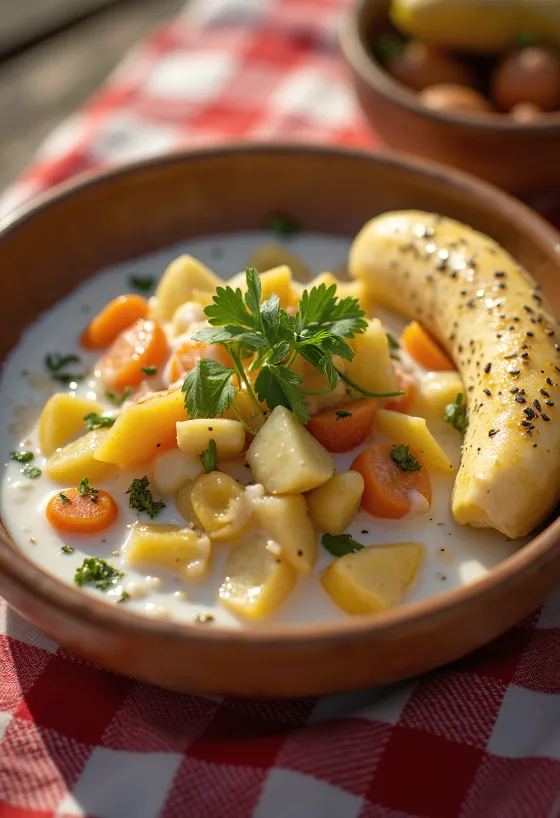 Avial med yoghurt serveret med rige grøntsager og frisk koriander