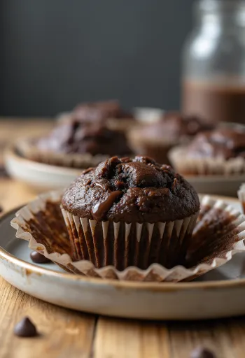 Chokolade muffins bagt gyldenbrune, serveret med chokoladestykker
