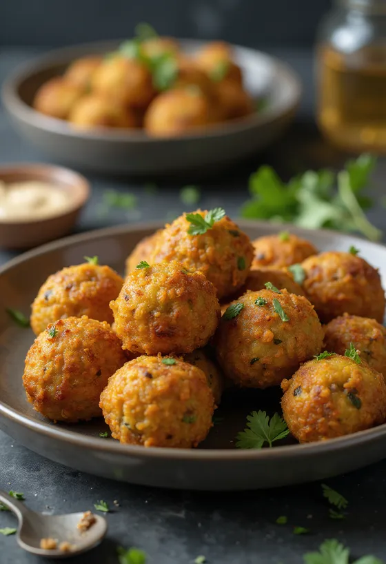 Falafel med sprød gyldenbrun yderside, drysset med friske krydderurter
