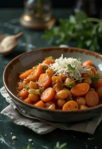 Gigantes plaki med gulerødder og selleri, serveret med persille og frisk brød