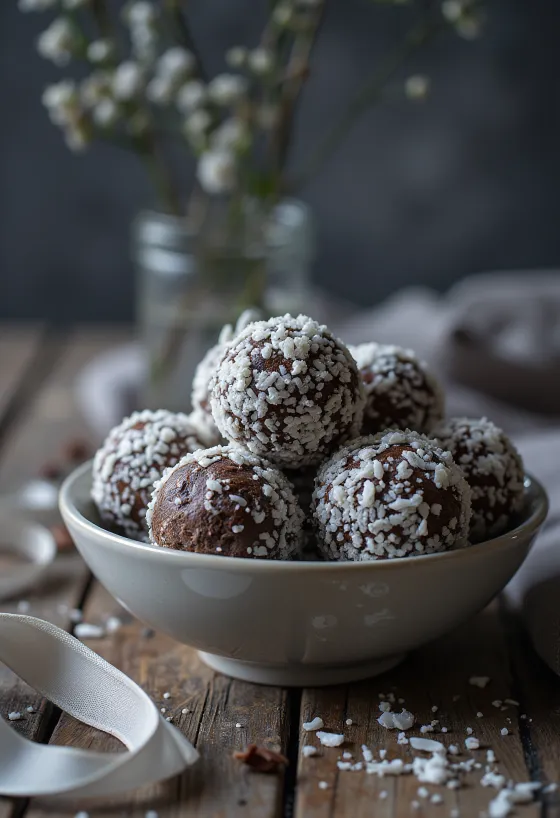 Sneklædte chokoladetrøfler rullet i kokosmel
