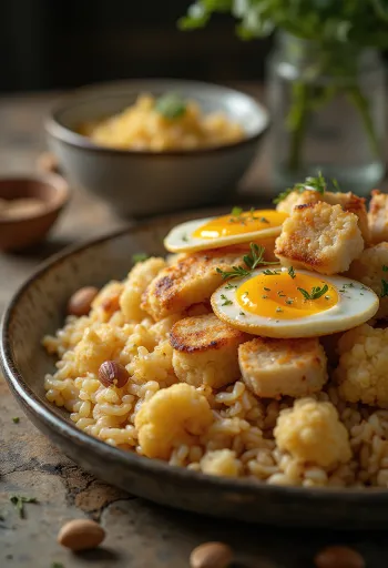 Maqluba med kylling – lagdelt ris, stegte grøntsager og kylling serveret vendt ud, i orientalsk stil