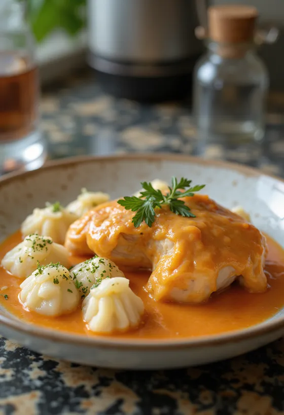 Paprikakylling med hytteost-dumplings, ungarsk traditionel ret