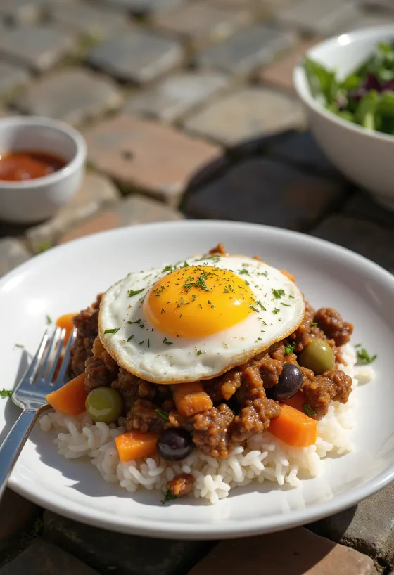 Picadillo med æg, serveret med frisk koriander
