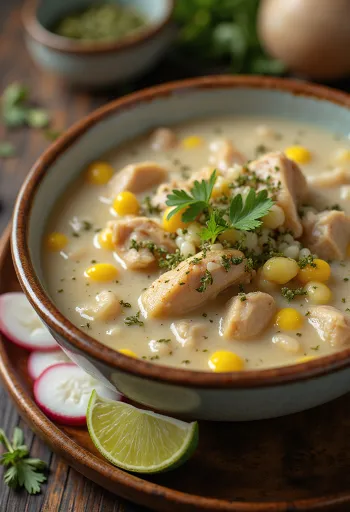 Pozole blanco serveret med svinekød, lime, creme fraiche og frisk koriander