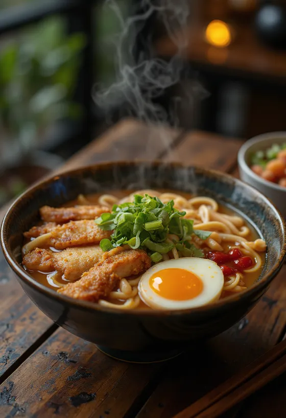 Ramenskål med stegt kylling, nudler og toppings