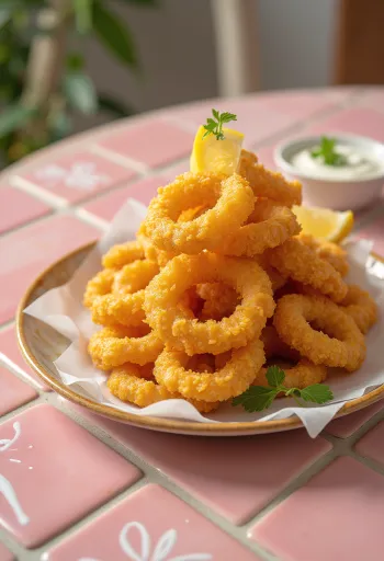 Gyldenbrune friturestegte blæksprutteringe serveret med friske citronskiver på en tallerken.