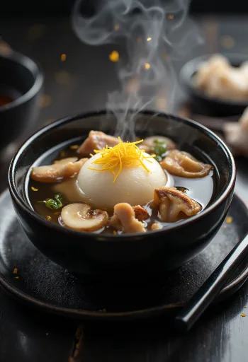 Zoni med yuzu-skal, miso suppe, serveret med frisk forårsløg og shiitake svampe