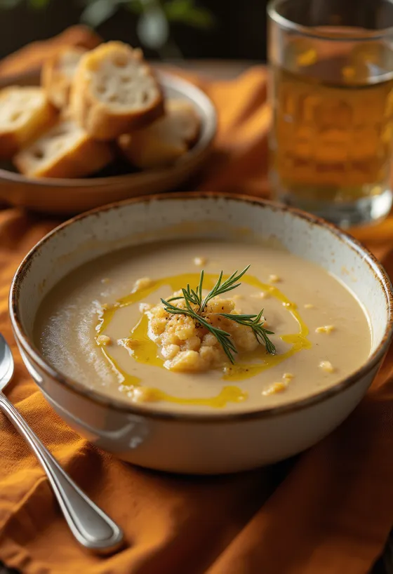 Açorda suppe serveret med olivenolie og hvidløg, frisk persille