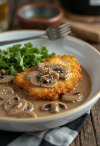 Jægerschnitzel serveret med svampesauce og persille