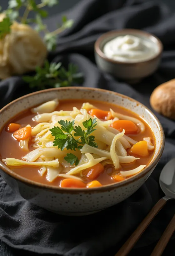 Dampende kålsuppe rig på grøntsager og krydderier, pyntet med frisk dild.