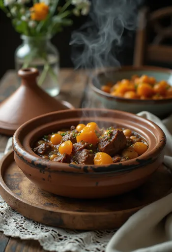 Marokkansk tagine serveret i lerpotte, pyntet med rige krydderier og farverige grøntsager.