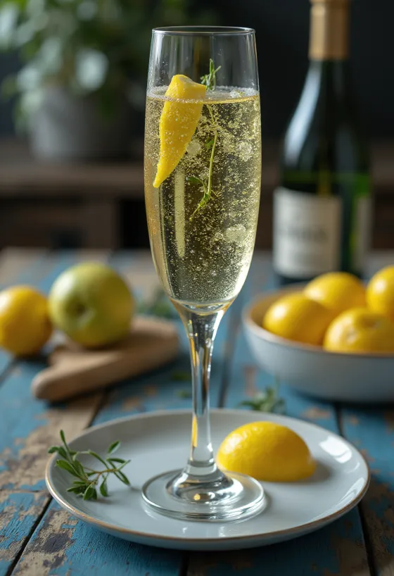 Italiensk prosecco-cider i glas pyntet med rosmarinkvist