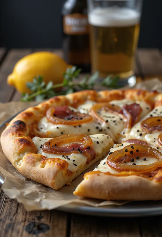 Pizza Alsacienne med creme fraiche, løg og bacon