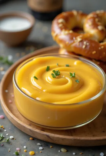 Øl- og cheddarostsauce i en skål, pyntet med frisk persille, ved siden af nachos.