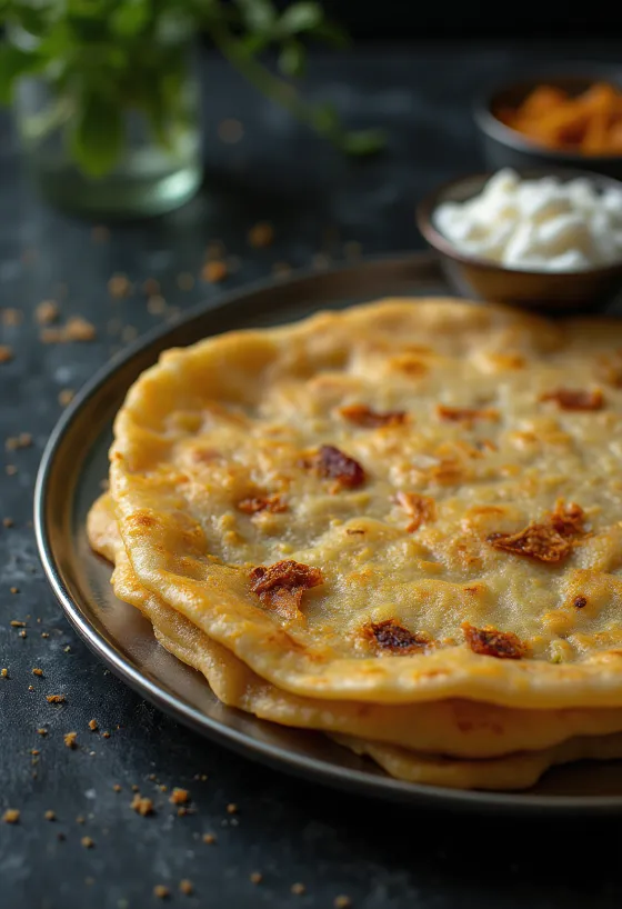 Adai dosa frisk, stegt sprød, serveret med krydret fyld