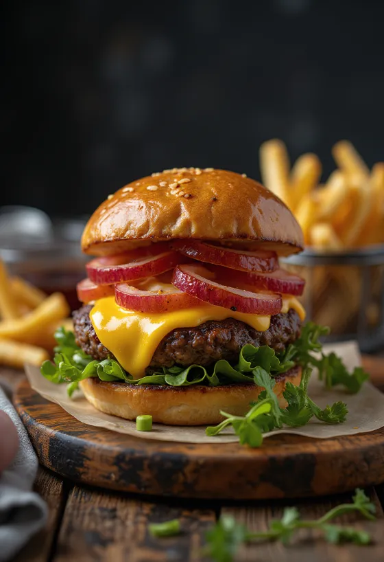 Bison burger with melted cheese and fresh vegetables